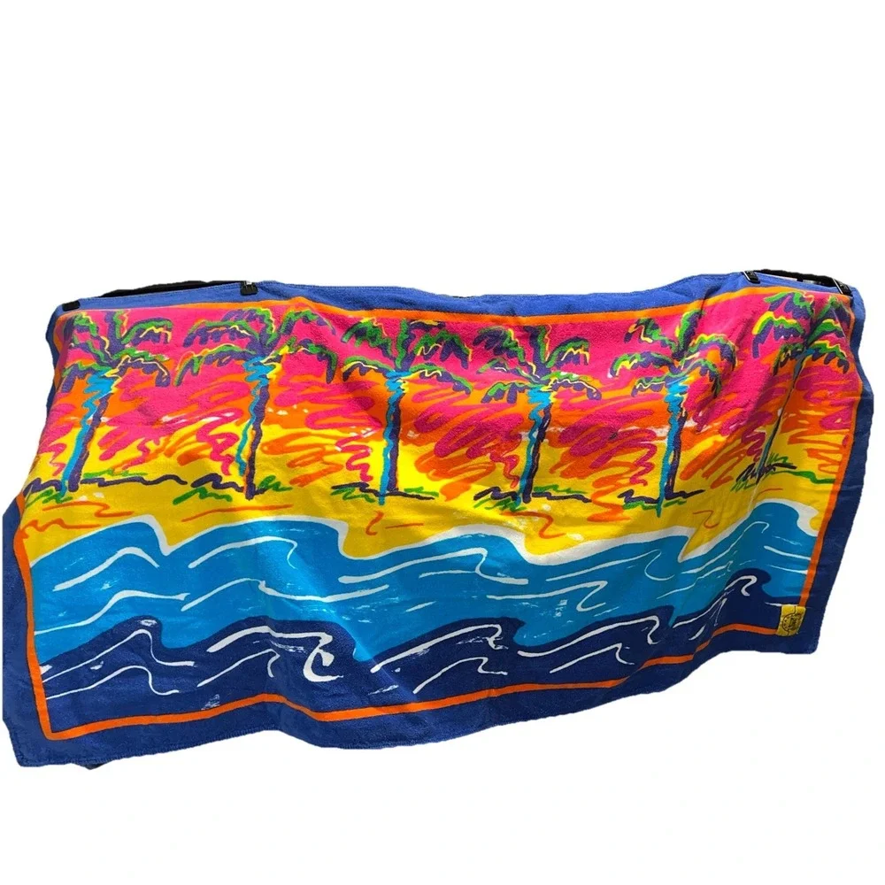 1980s Vintage Beach Towel Banana Club Brazil Terry Cloth Palm Trees Tropical EUC